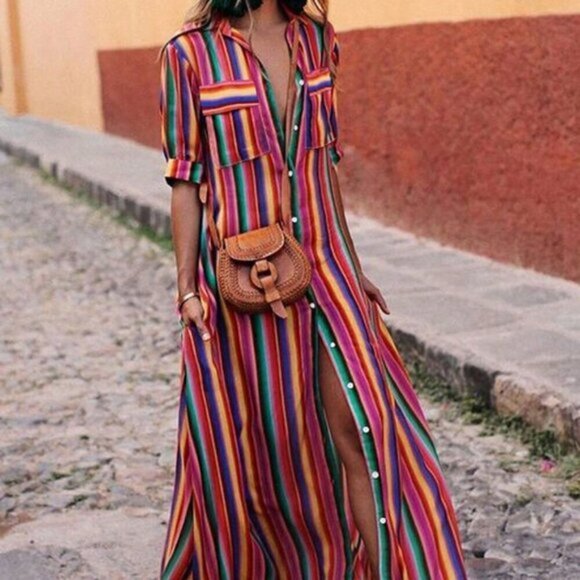 Multicolor Casual Women's Vacation Colorful Striped Front Buttoned Maxi Dress - Picture 1 of 7